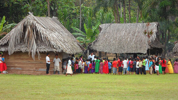 Lining up for lunch at the kitchen